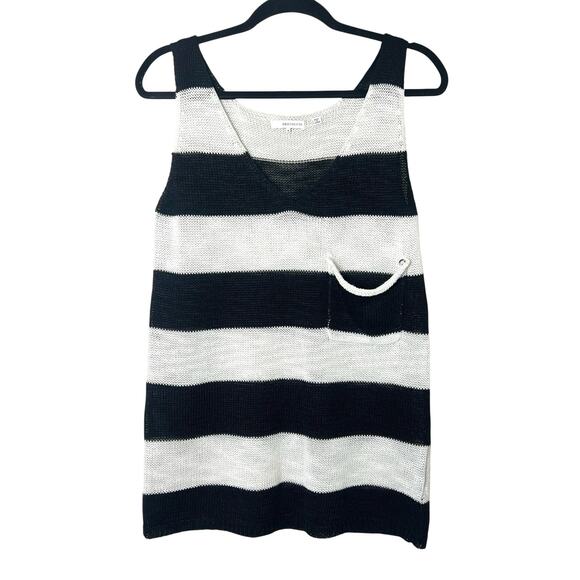 360 Sweater Linen Blend V-Neck Sleeveless Tank Knit Sweater Black Stripe Sz S - Picture 1 of 8